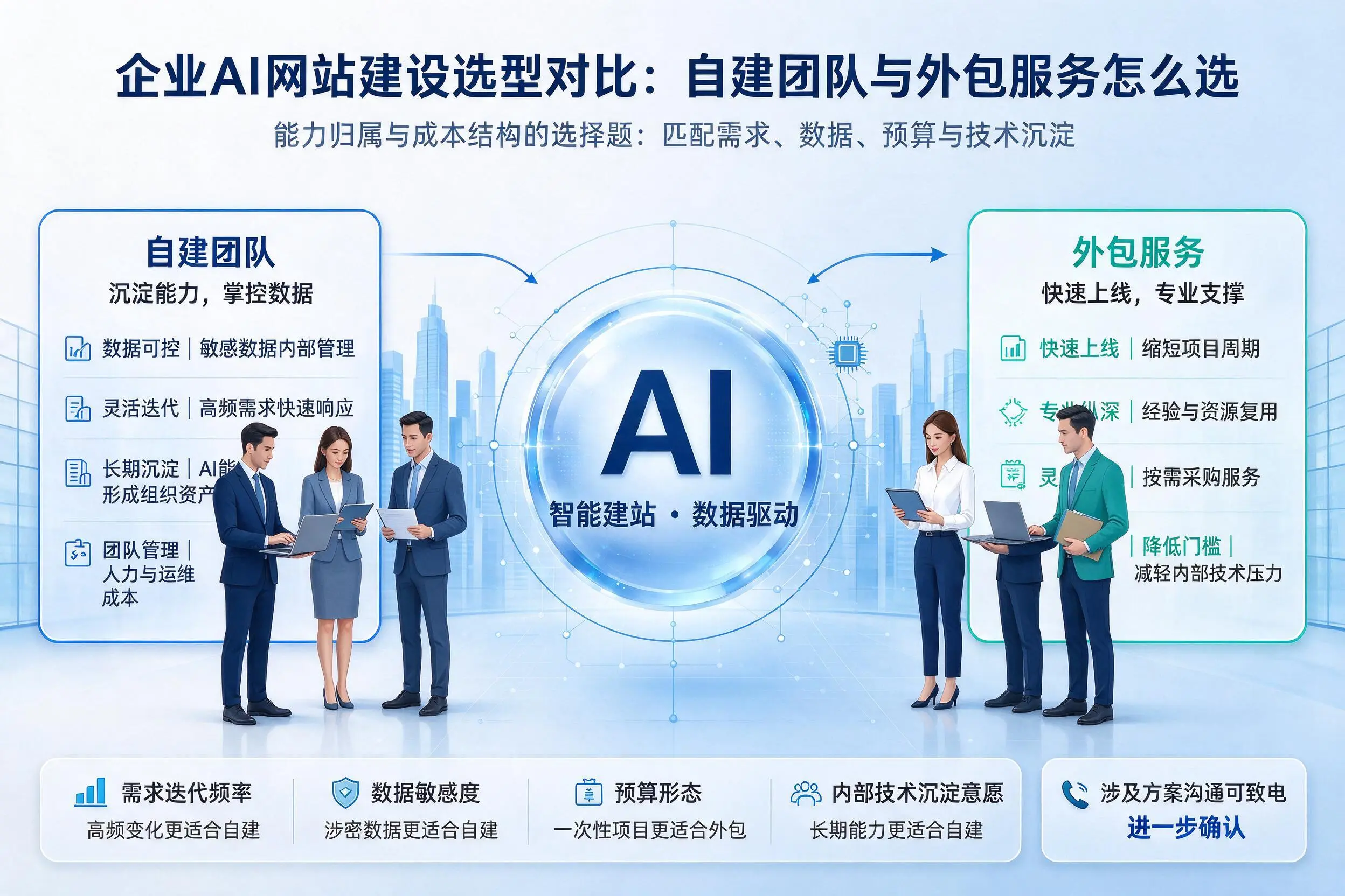 新星企业AI网站建设选型对比:自建团队与外包服务怎么选